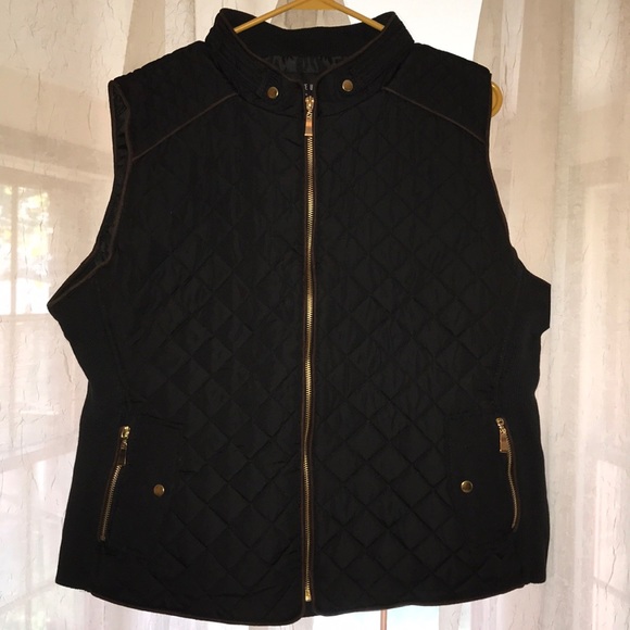 Black vest with brown piping and gold zippers. - Picture 2 of 4